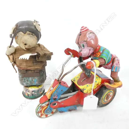 2 OLD TIN PLATE TOYS; CONDUCTOR (WEAR & TEAR/ RUST BUT WORKING) H.160MM & TRICKY TRICYCLE MONKEY L.160MM